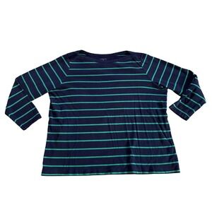 Lands End Womens 2X Striped Boatneck Top Navy Blue Green 100% Cotton 3/4 Sleeve